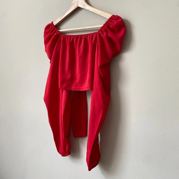 PrettyLittleThing Women's Size 2 Puff Long Sleeve Tie Bow Crop Top Blouse Red - Picture 13 of 16